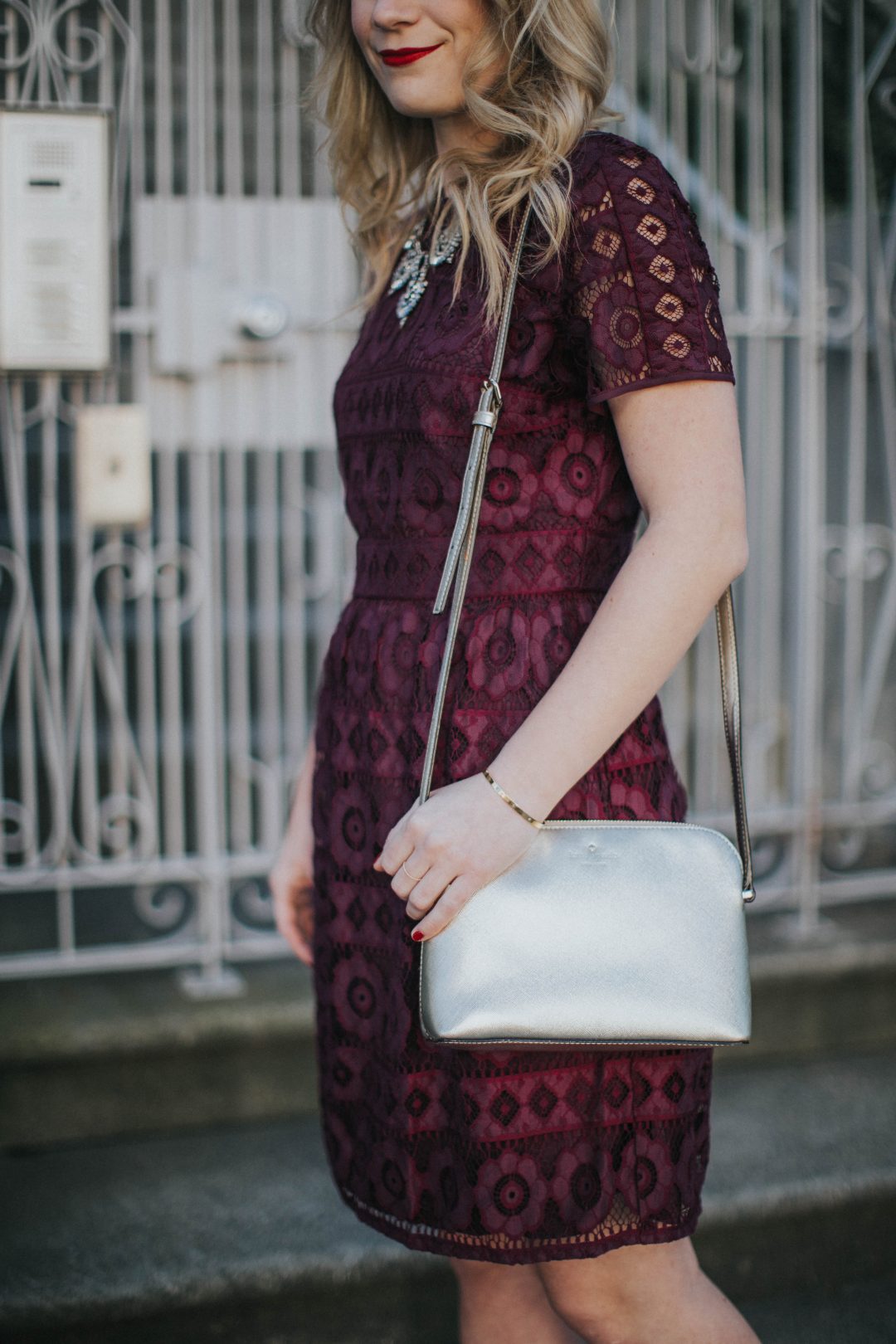 This purple LOFT lace dress is the best for spring weddings paired with a BaubleBar statement necklace and Loeffler Randall sandals.